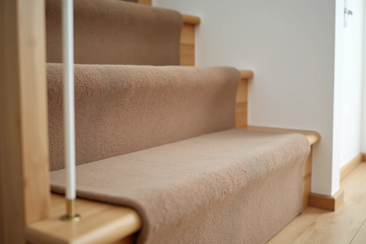Détail d'une moquette taupe posée sur une marche d'escalier en parquet chêne clair avec tringles laiton