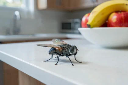 Mouche domestique en gros plan sur un plan de travail de cuisine blanche près d'un bol de fruits frais