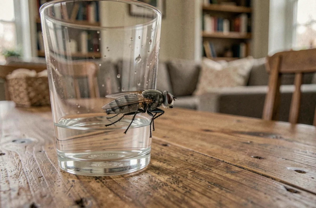 Mouche posée sur le bord d'un verre d'eau sur une table en bois dans une salle à manger