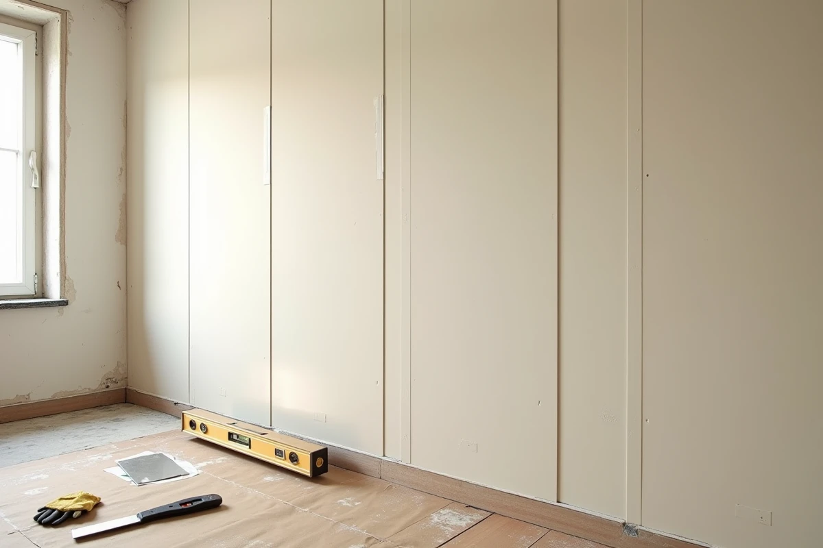 Vue large d'un mur intérieur avec plaques d'isolation thermique posées et niveau à bulle pour contrôle de l'alignement