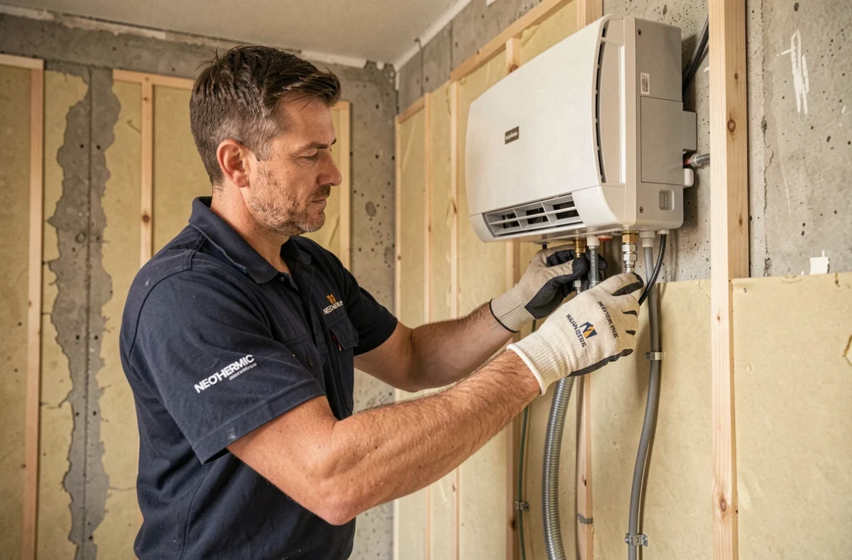 Technicien Neothermic installant une climatisation dans un appartement rénové à Nantes