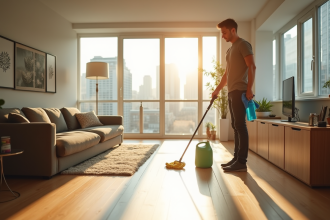 Personne nettoyant un salon lumineux et moderne avec des produits