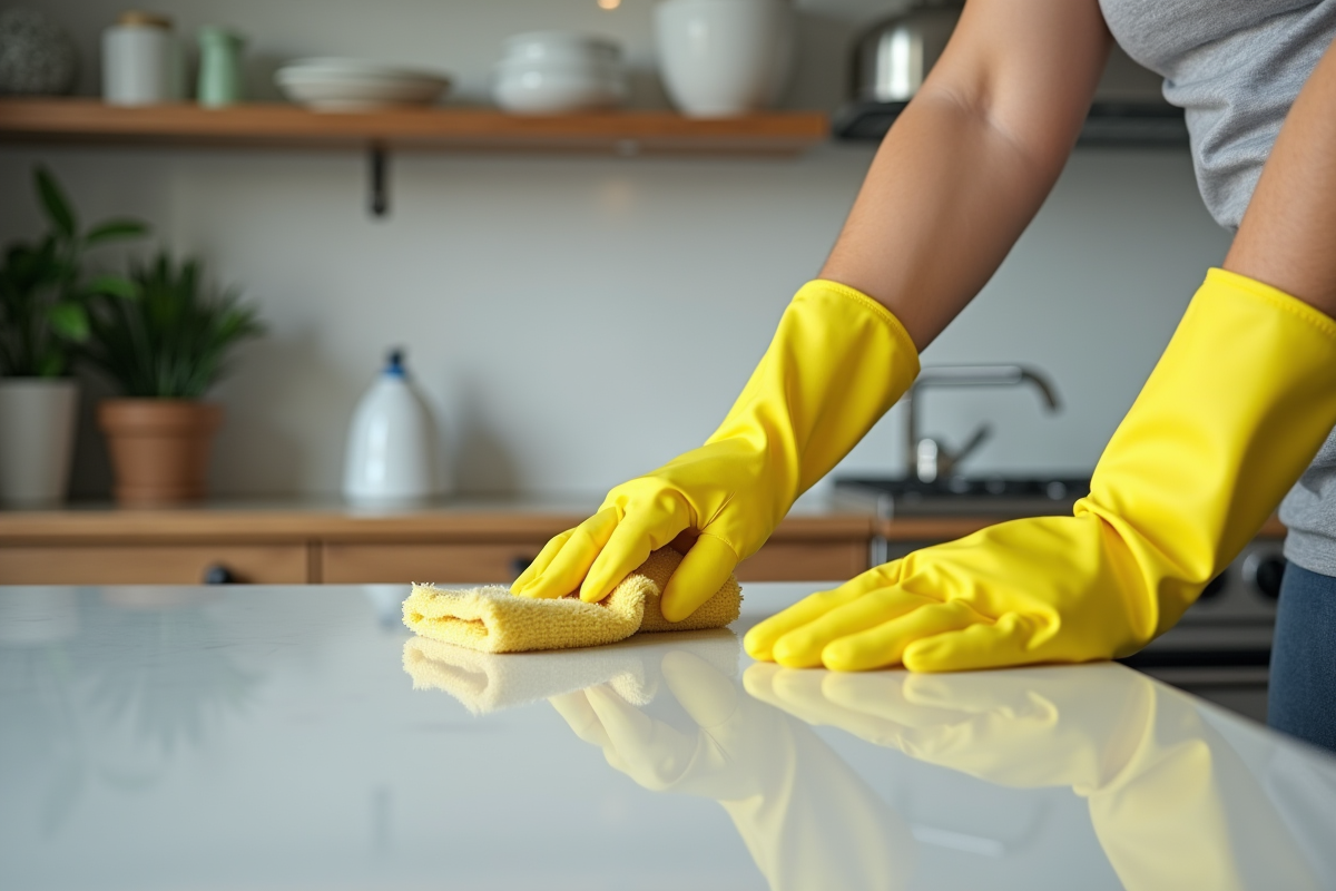 Mains en gants jaunes nettoyant un plan de cuisine brillant