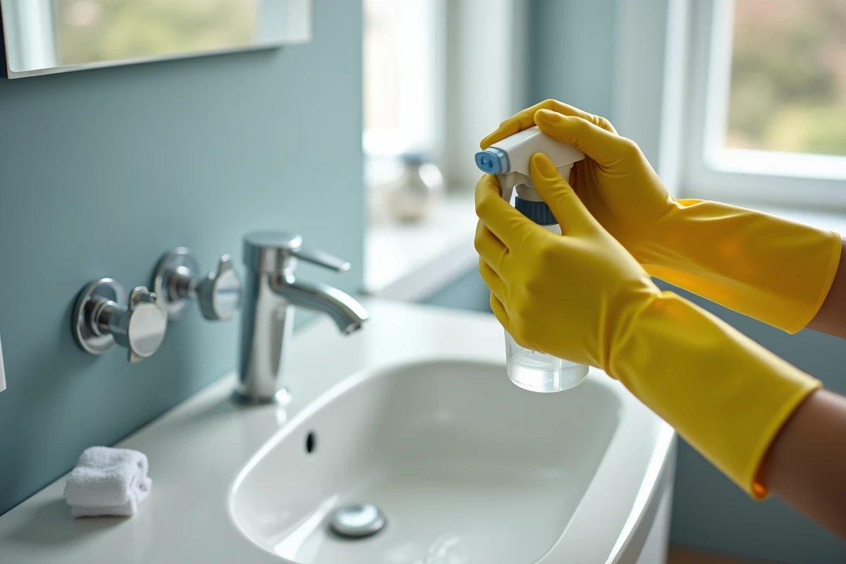 Gros plan de mains gantées appliquant un produit nettoyant sur une dalle PVC au-dessus d'un lavabo de salle de bain