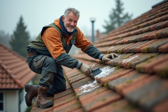 Homme d'âge moyen nettoyant un toit avec brosse longue