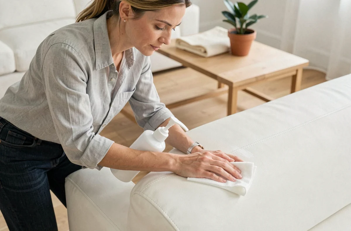 Femme appliquant un nettoyant cuir sur un canapé blanc en cuir dans un salon scandinave moderne