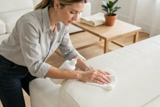 Femme appliquant un nettoyant cuir sur un canapé blanc en cuir dans un salon scandinave moderne