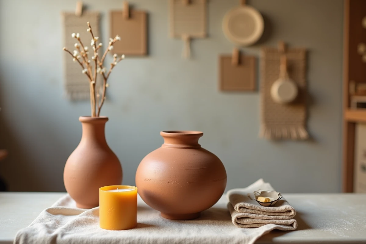 Objets décoratifs durables faits main incluant vase en argile, bougie à la cire d'abeille et panneau textile tissé sur une surface en béton dans un atelier artisanal