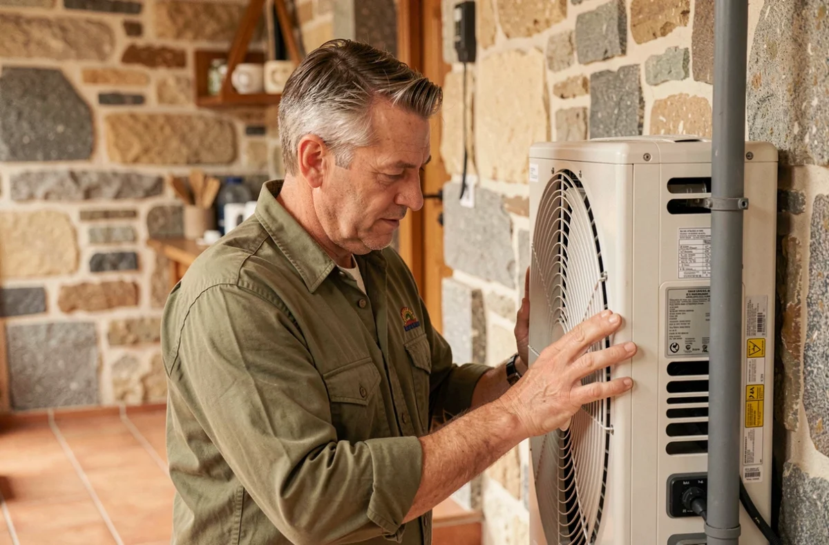 Artisan indépendant Olivier Bezieau Energies inspectant un climatiseur dans une maison en pierre traditionnelle de Loire-Atlantique