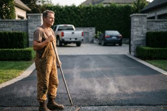 Homme en tenue de travail sur une allée en bitume neuf