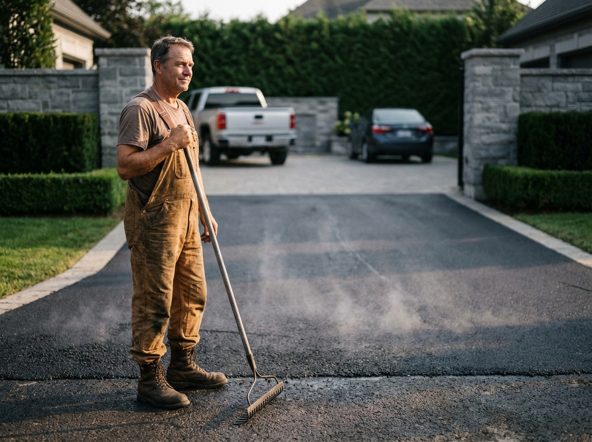 Homme en tenue de travail sur une allée en bitume neuf
