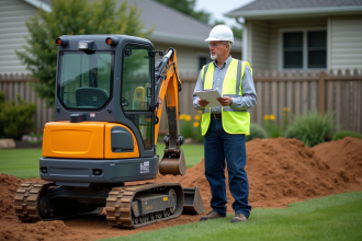 Ouvrier de chantier avec excavateur et carnet de devis