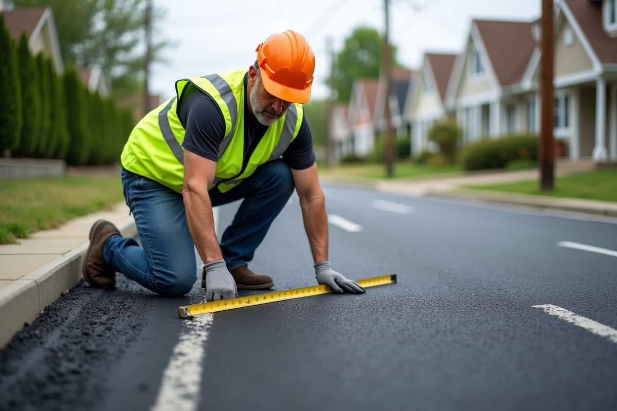 Ouvrier en sécurité mesurant l'asphalte neuf