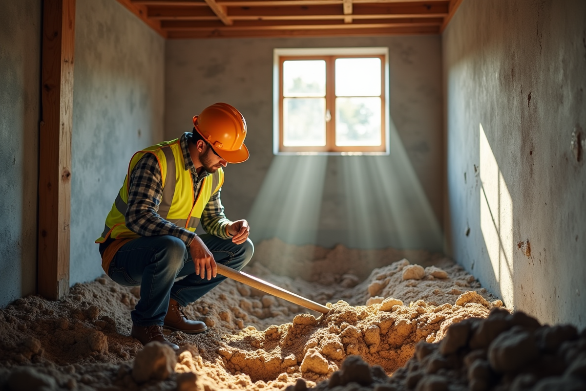 Ouvrier en sécurité inspectant un sous-sol en construction