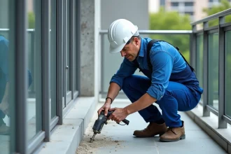 Ouvrier en bleu appliquant du ciment pour une rampe moderne