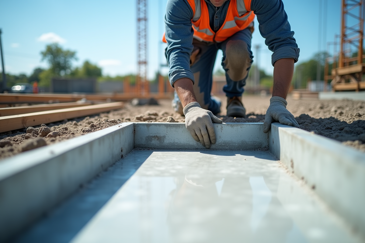 Ouvrier appliquant une membrane d'étanchéité sur une fondation en béton