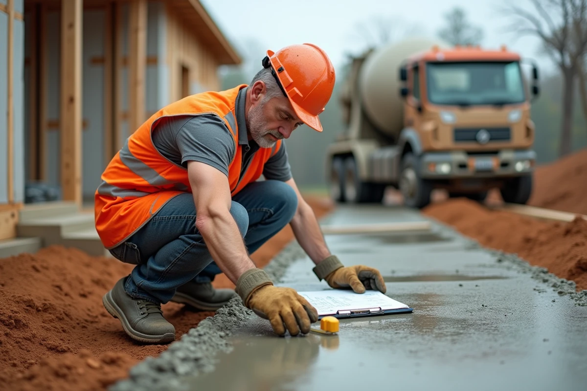 Ouvrier du bâtiment mesurant une dalle de béton fraîchement coulée sur un chantier de construction résidentiel