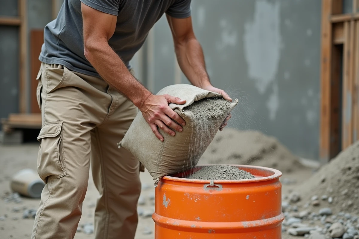 Ouvrier versant un sac de ciment dans une bétonnière sur un chantier de construction pour préparer du béton prêt à couler