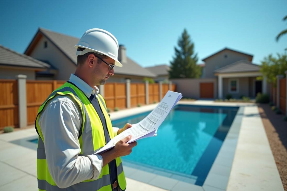 Ouvrier vérifiant un permis de construction pour une piscine