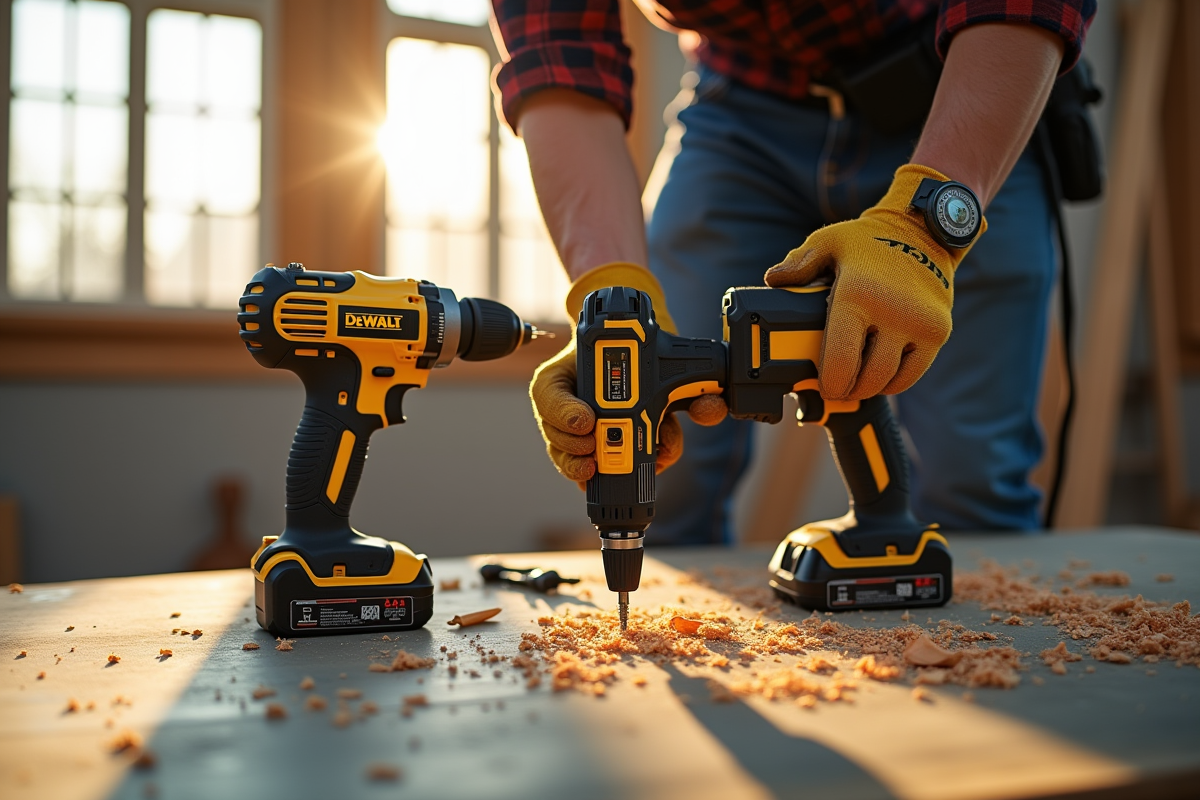 Ouvrier avec gants utilisant une perceuse Dewalt dans un atelier