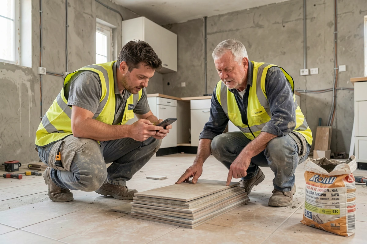 Deux ouvriers sur un chantier de rénovation consultant les prix des matériaux de construction sur smartphone