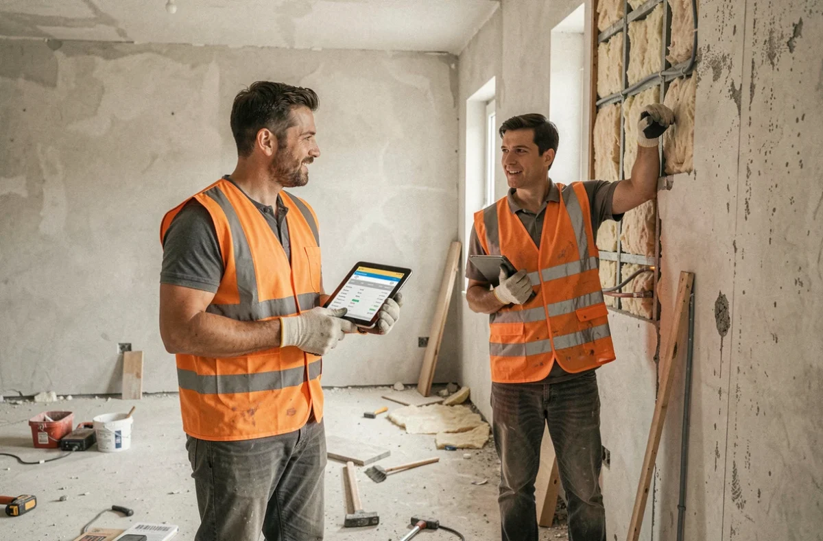 Deux ouvriers sur un chantier de rénovation consultant un tarif Batievol sur tablette dans une pièce en cours de travaux