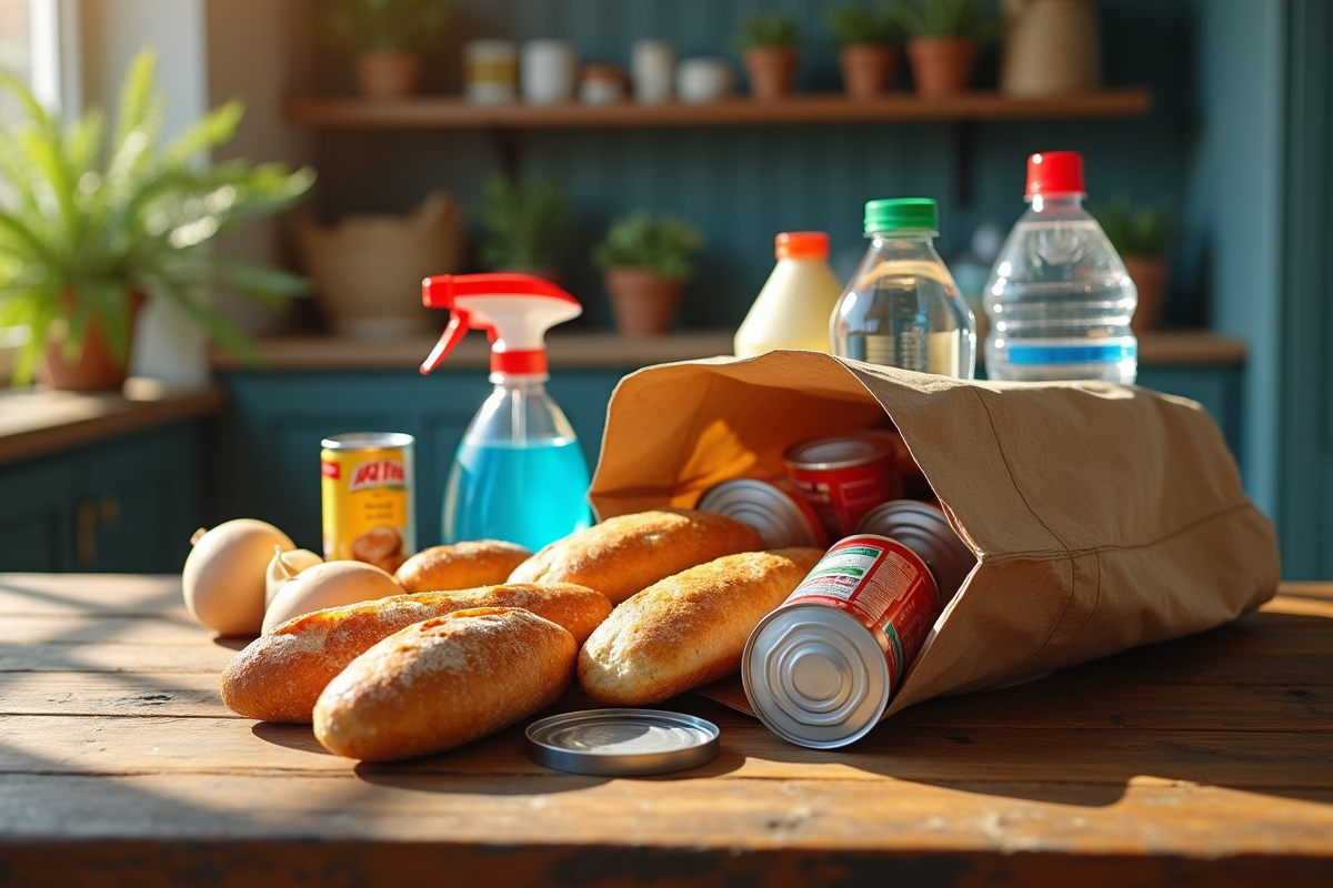 Sac de courses avec aliments essentiels sur une table en bois