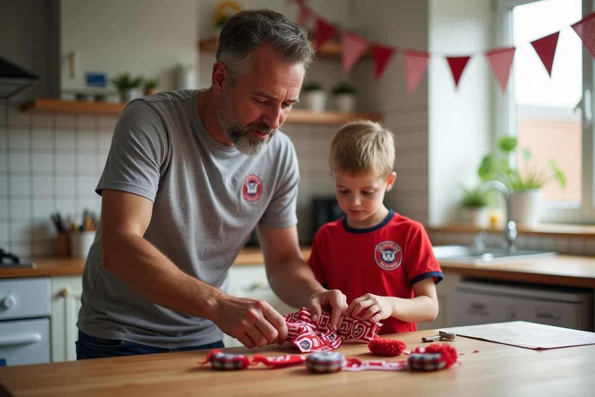 Pere et fils décorant une table pour la soirée football