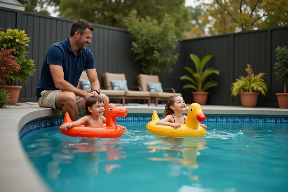 Père regardant ses enfants jouer dans la piscine avec des animaux gonflables