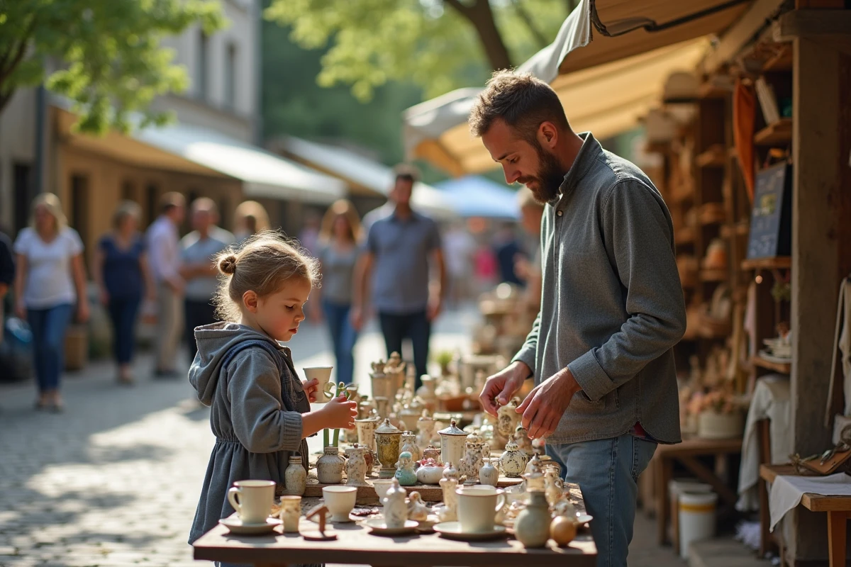 Père et fille cherchant des jouets vintage sur un stand de brocante