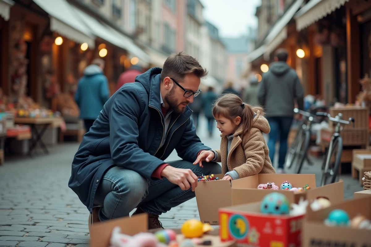 Père et fille explorant des jouets lors d