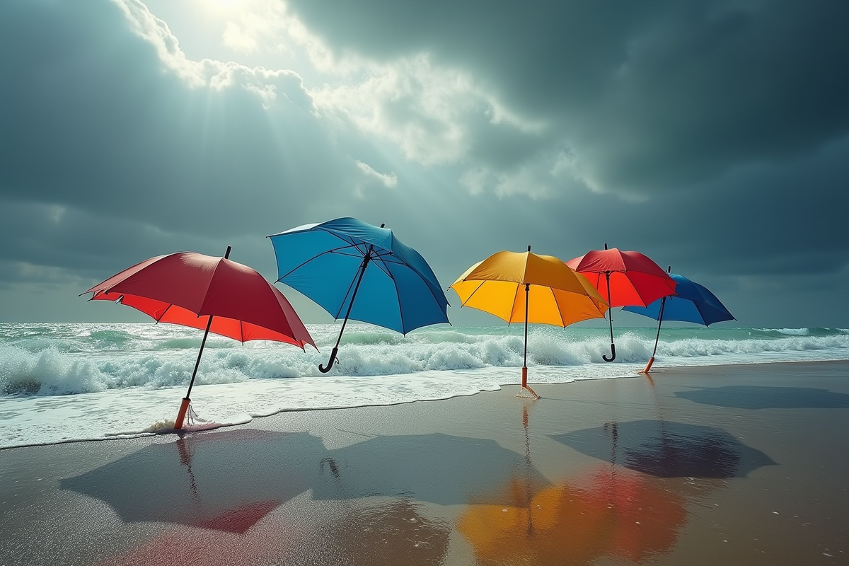 Parapluies colorés plantés dans le sable sous une tempête
