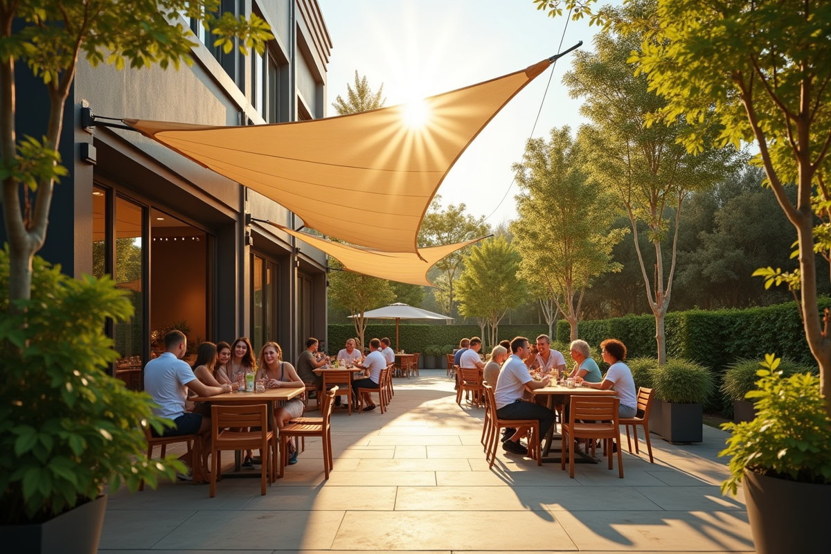 Patio moderne avec groupe profitant d'un déjeuner en extérieur