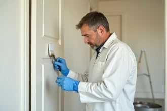Peintre professionnel appliquant une sous-couche d'accrochage sur une porte en glycéro brillant sans ponçage
