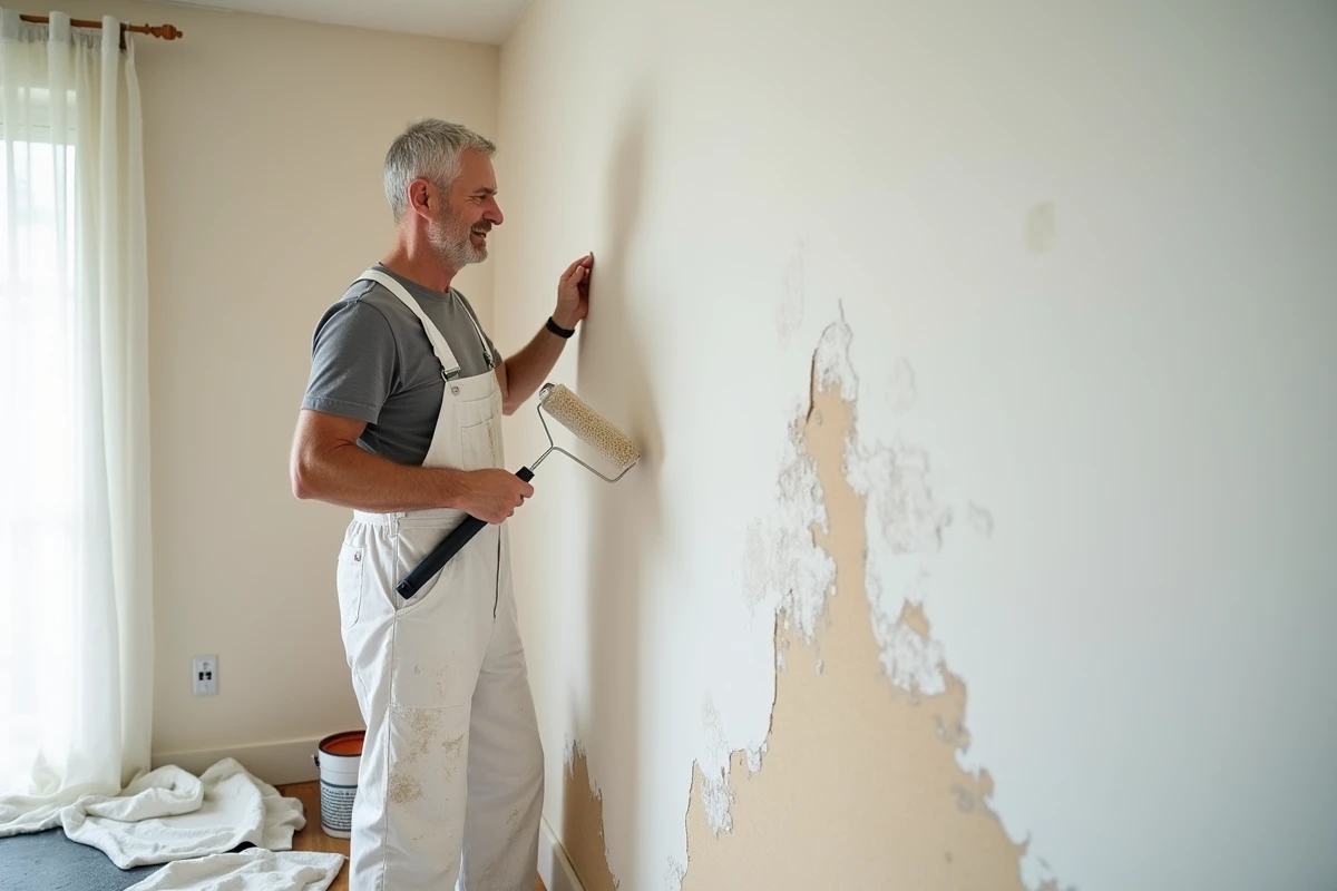 Peintre professionnel appliquant une nouvelle peinture sur un mur réparé après dégât des eaux dans un appartement