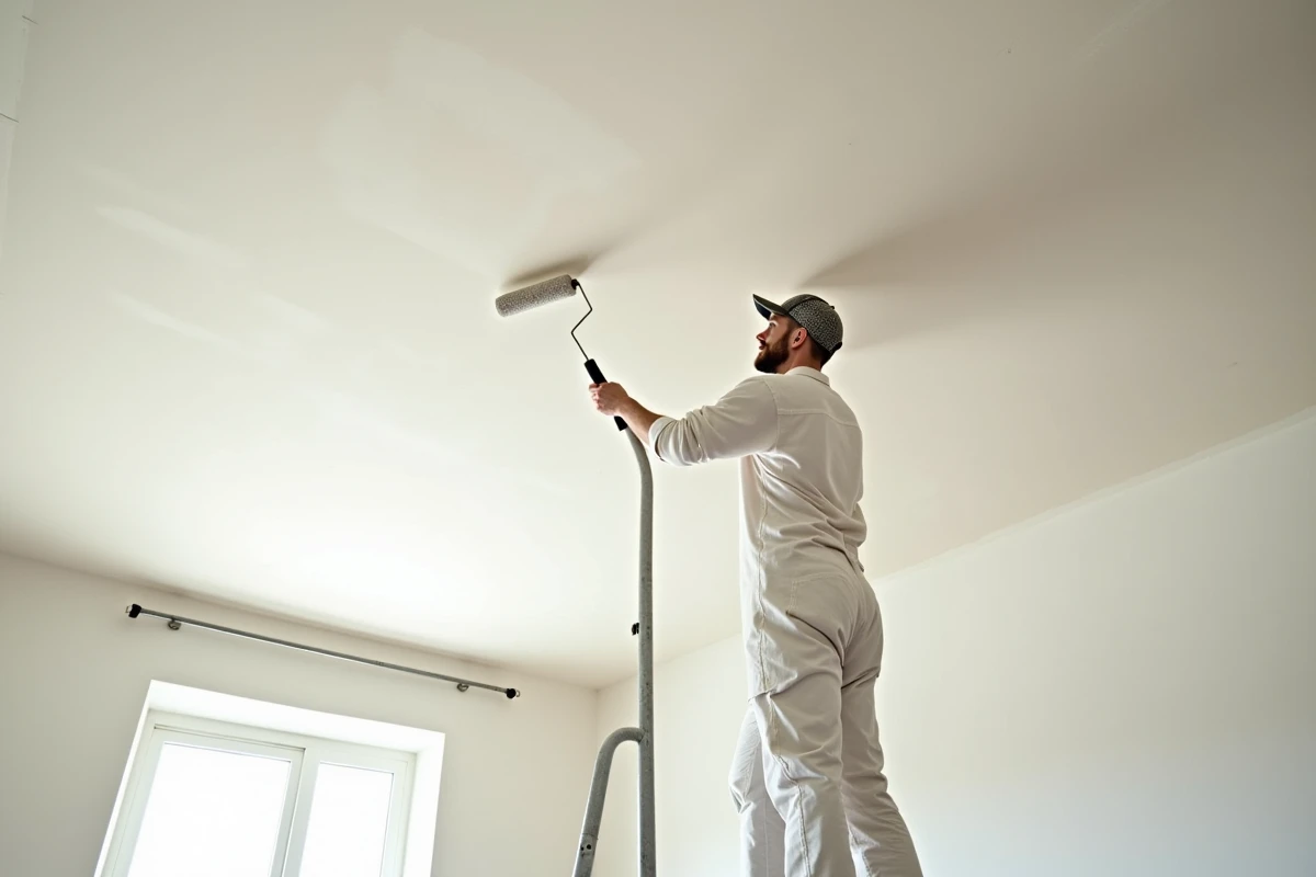 Peintre professionnel appliquant une sous-couche sur un plafond de 50m2 avec un rouleau depuis un échafaudage