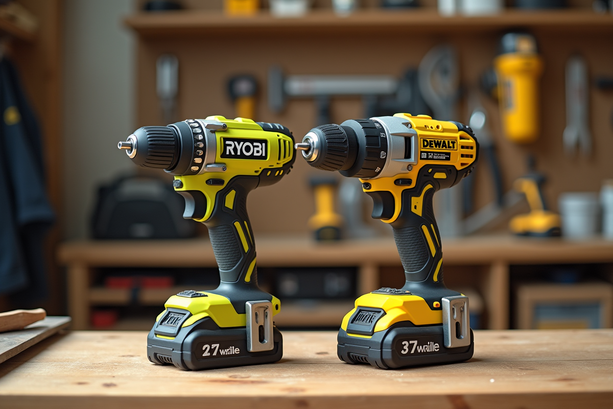 Perceuses Ryobi et Dewalt côte à côte sur un établi lumineux