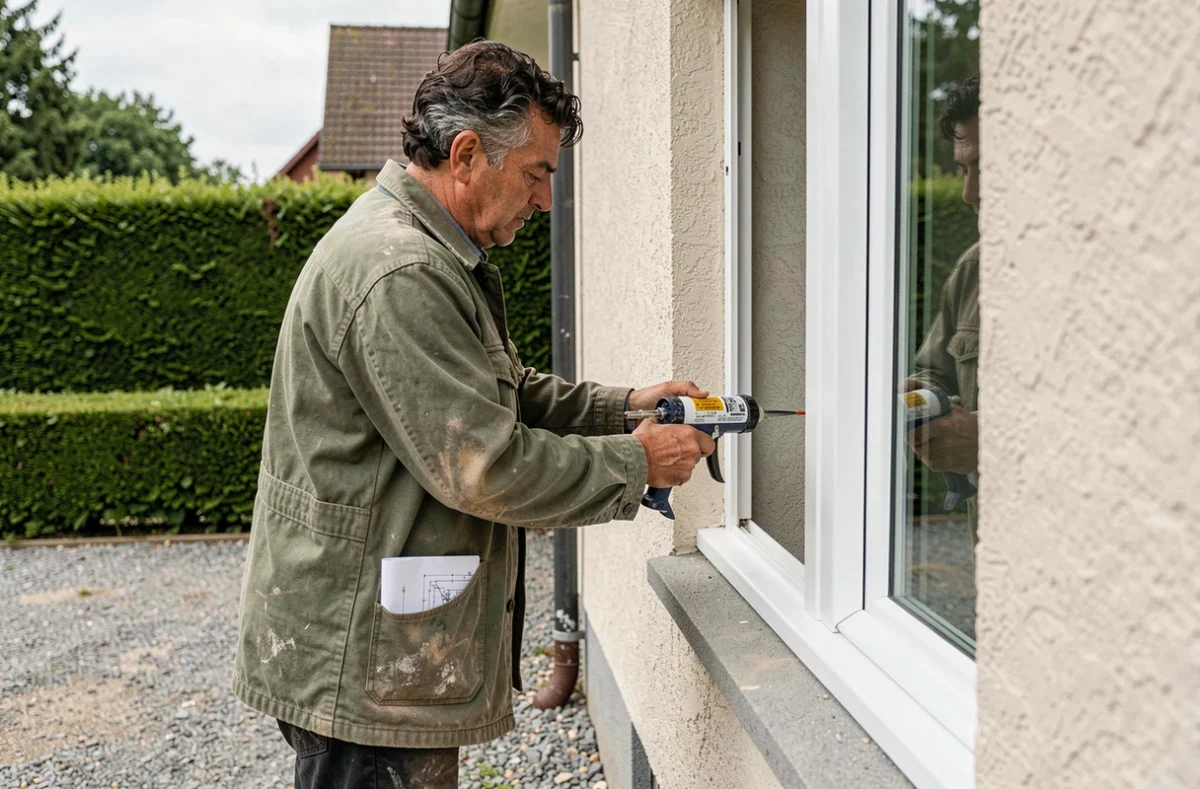 Menuisier Pereira posant une baie vitrée coulissante en PVC sur la façade d'une maison du Bas-Rhin