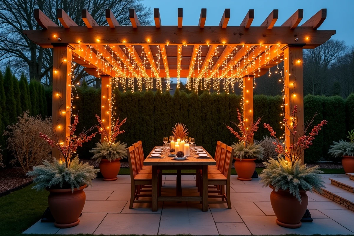 Pergola de jardin décorée de guirlandes lumineuses cuivrées pour une terrasse de Noël extérieure tendance