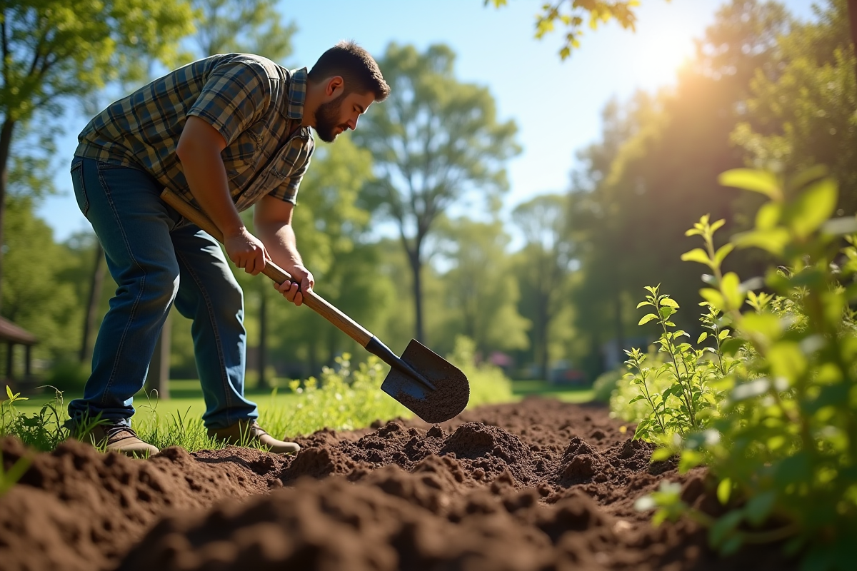 Personne en tenue de travail dans un jardin ensoleille