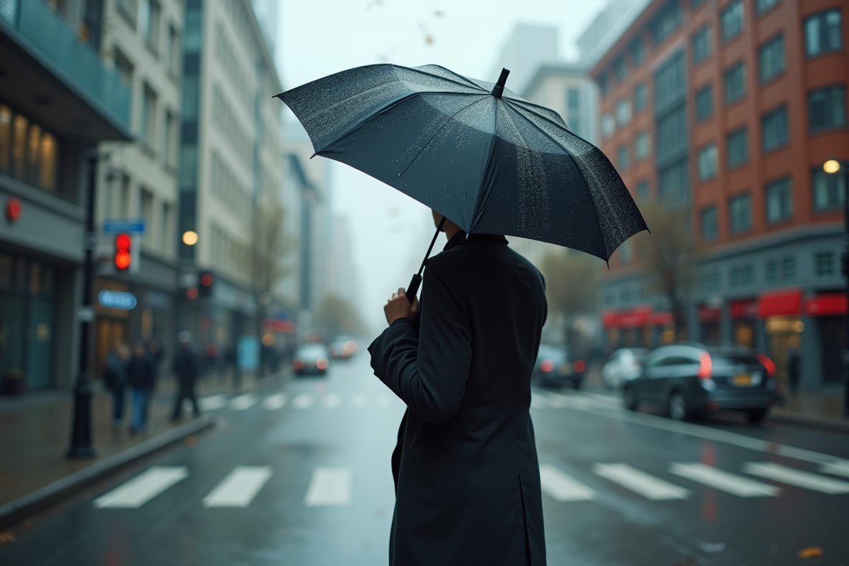 Personne avec parapluie noir dans une rue venteuse en ville