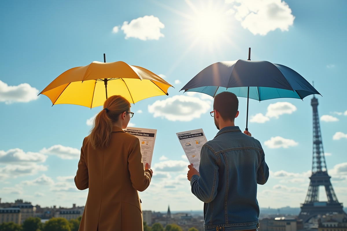 Deux personnes avec des ombrelles regardant le ciel avec prévisions météo