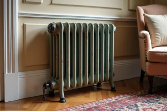 Radiateur en fonte sur pieds métalliques noirs posé sur parquet en chêne dans un salon classique haussmannien