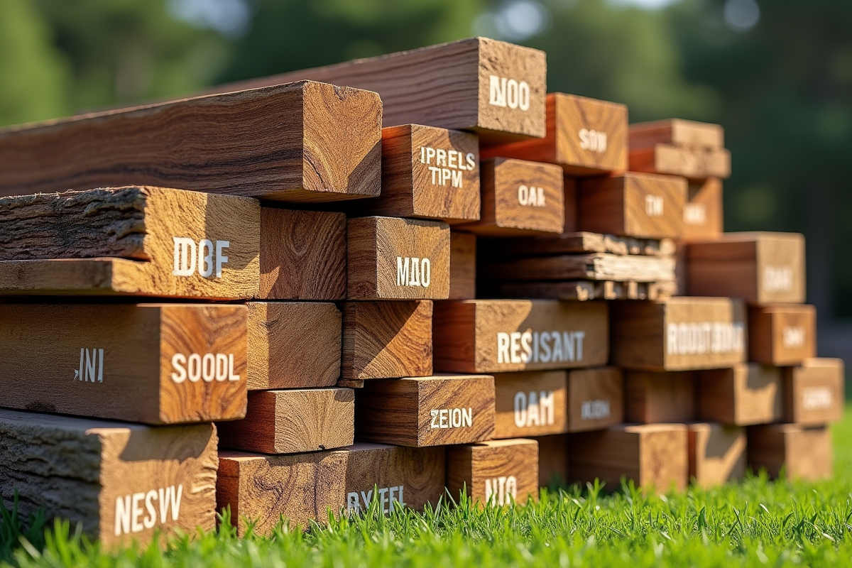 Pile de bois résistants comme teck et chêne en extérieur