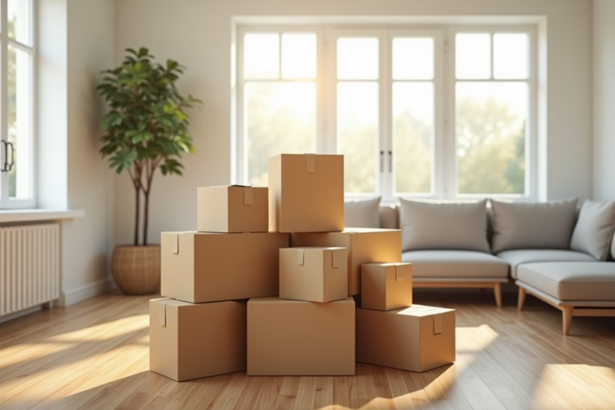 Pile de caisses de déménagement dans un salon lumineux