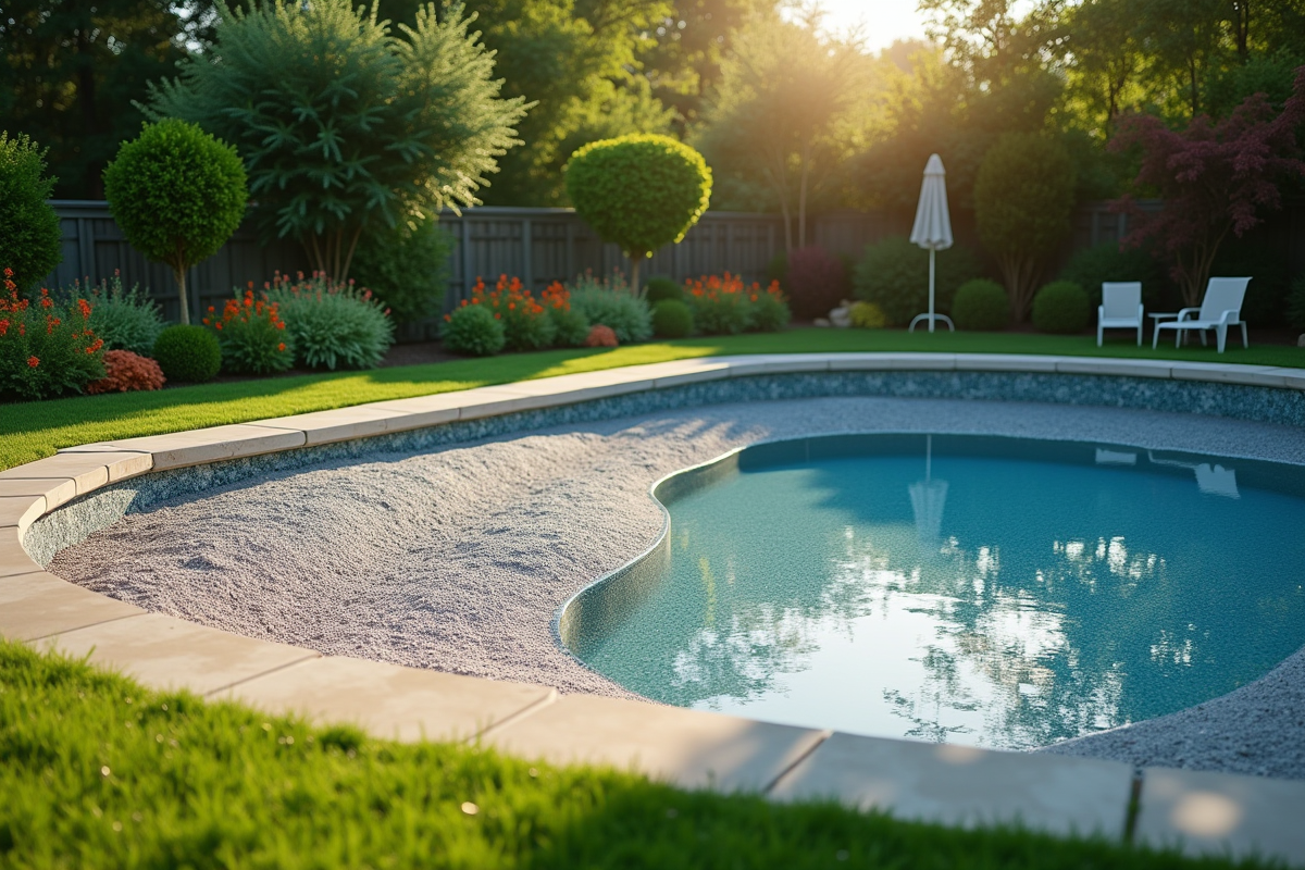 Base de piscine finie avec gravier compacté dans un jardin