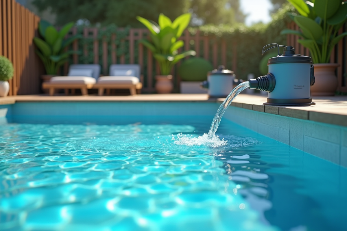 Piscine extérieure moderne avec équipements de filtration visibles