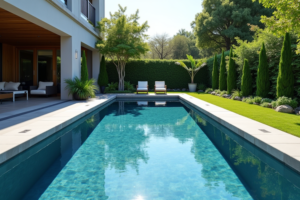 Piscine extérieure luxueuse avec margelle en pierre et eau bleue