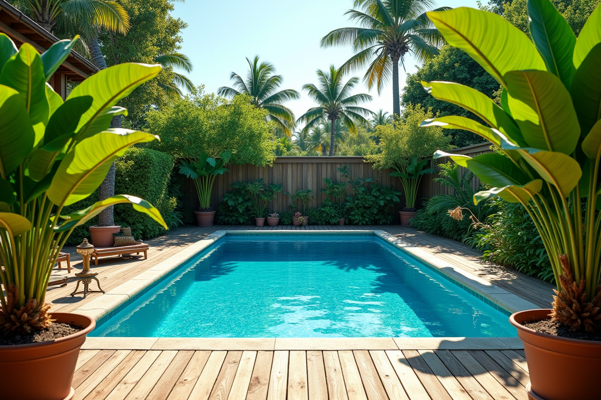Piscine dans un jardin tropical avec plantes exotiques