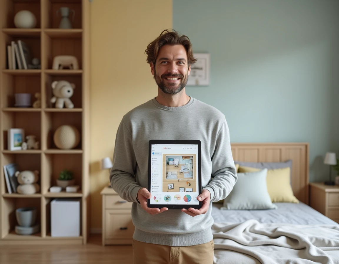 Homme consultant une application de planification déco sur tablette dans une chambre d'enfant évolutive